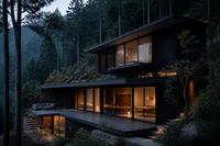 森の斜面に建つ木造の宿